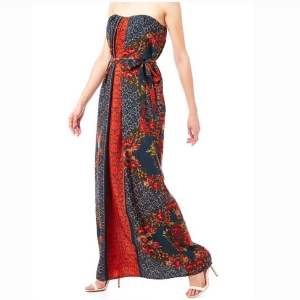 Lavender Brown rust multi Floral boutique strapless maxi dress sz S orange blue